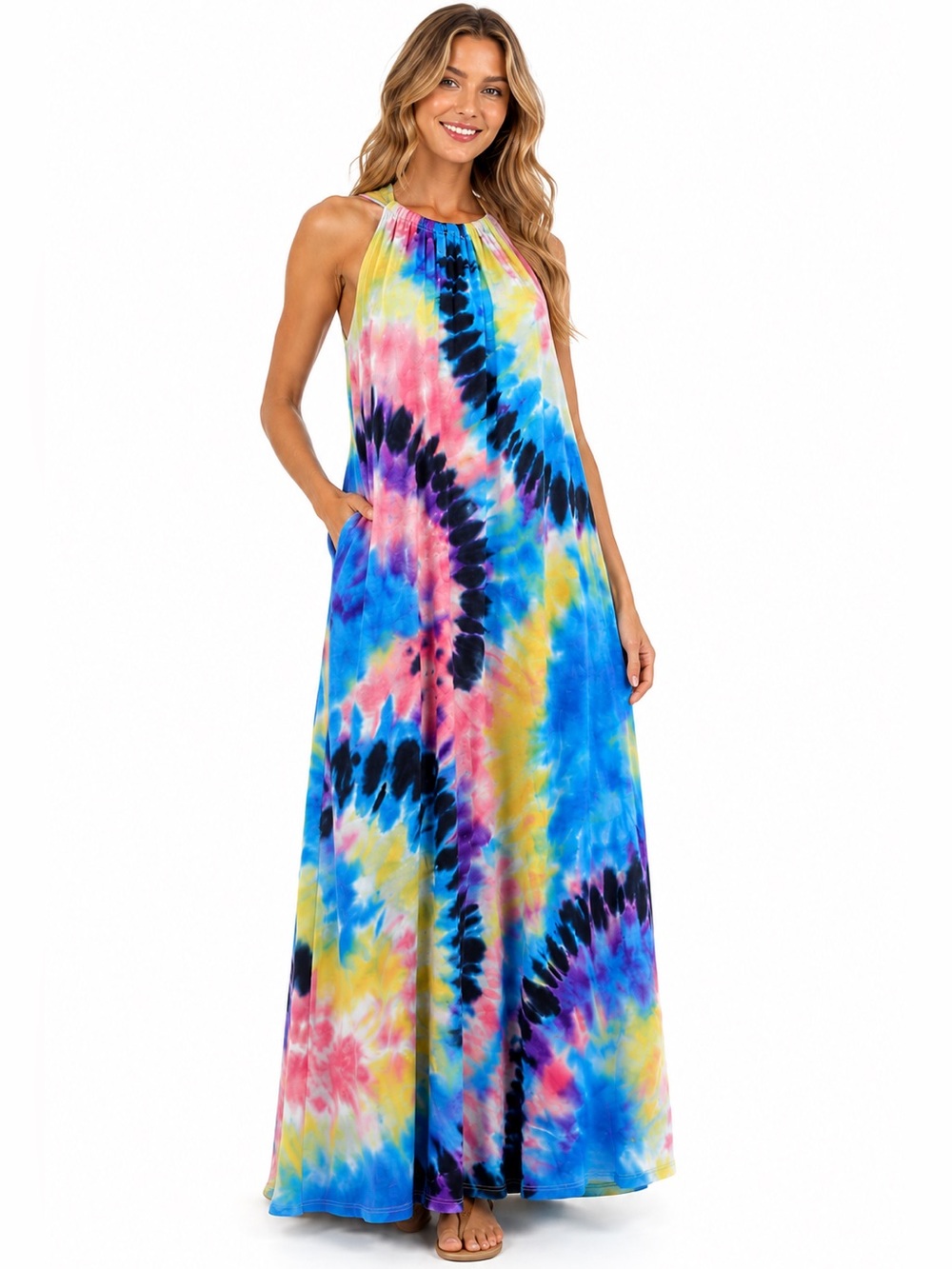 Luukse Tie Dye Halter Maxi Dress Large Colorful Boho Festival